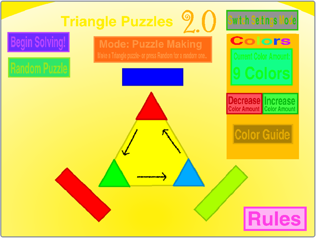 A yellow triangle with red, green, and blue triangles on its corners and arrows between these three small triangles. Blue, red, and chartreuse rectangles are off to the side of the small triangles.